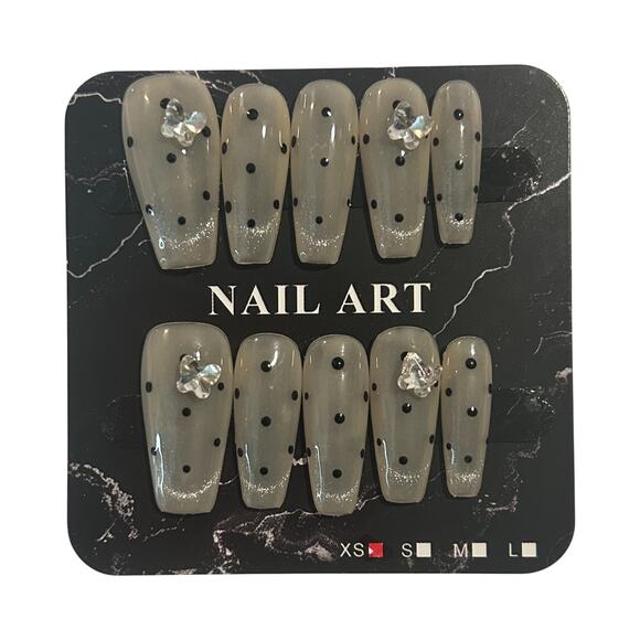 Translucent White and Black Polka Dot Long Coffin Nails - Size Extra Small (XS) - Picture 2 of 2